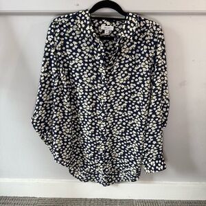 On 34th Floral Navy Yellow Flowers Button-Up Blouse